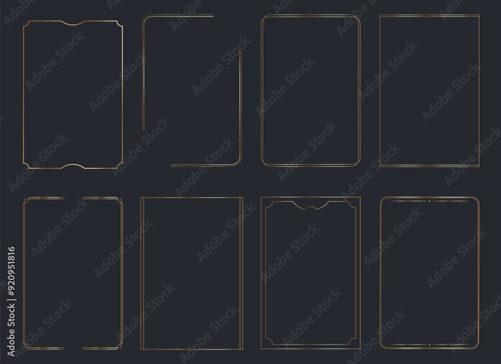 Set of golden frames in different shapes. Luxury golden frame borders for invitation cards of wedding. Vector illustration Set of golden frames in different shapes. Luxury golden frame borders for invitation cards of wedding. Vector illustration