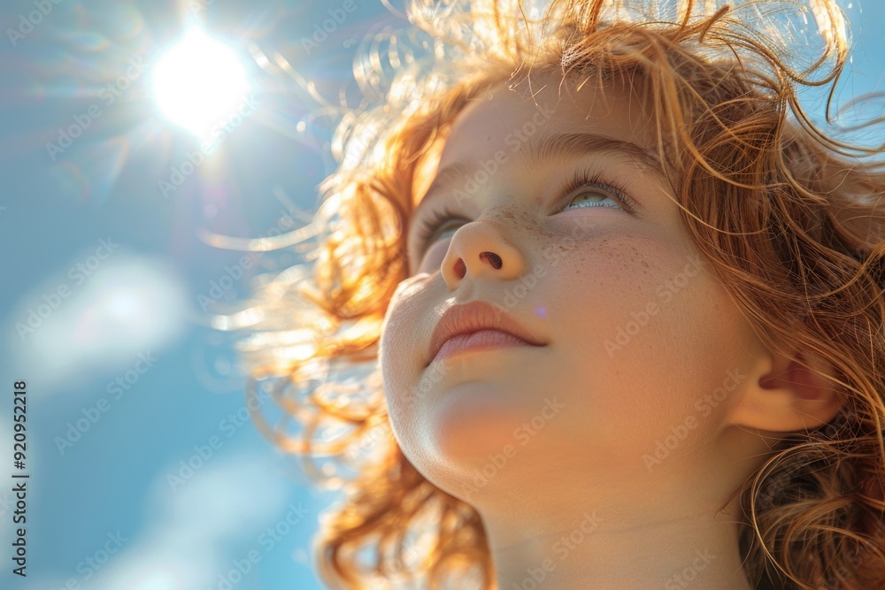 Child's Wonder: Standing under a Bright Sky, Gazing at Fluffy Clouds and the Sun Child's Wonder: Standing under a Bright Sky, Gazing at Fluffy Clouds and the Sun