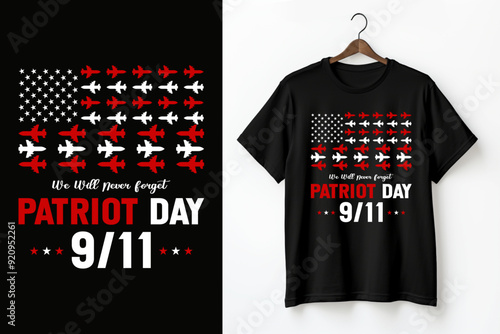 September 11th 9/11 Patriot Day memorial - American flag, Twin Towers, NYC skyline, We Will Never Forget, USA remembrance, tribute illustration for patriotism.