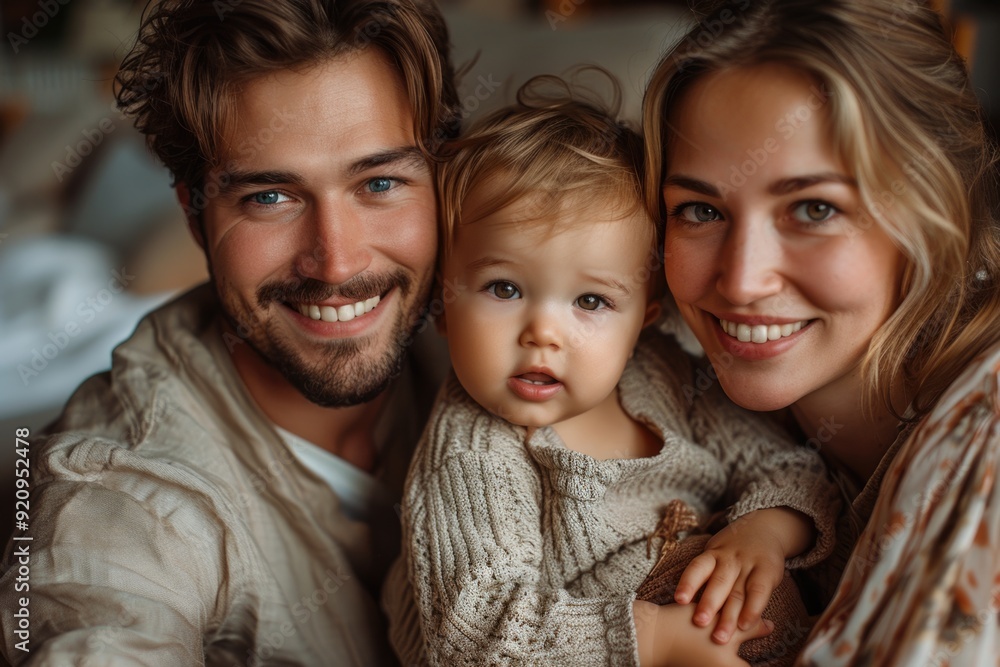 Happy Young Family with Toddler Sitting Together in Modern Home, Smiling Parents and Child on Fath Happy Young Family with Toddler Sitting Together in Modern Home, Smiling Parents and Child on Fath
