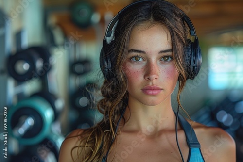 Active Latina Woman Exercising with Dumbbells and Headphones in Indoor Gym