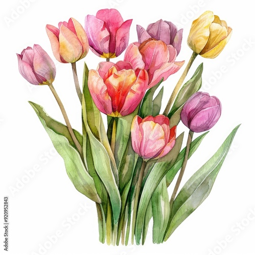 Wallpaper Mural Watercolor Tulip Bouquet. Hand-drawn Sakura Blossoms Wedding Celebration Card Torontodigital.ca