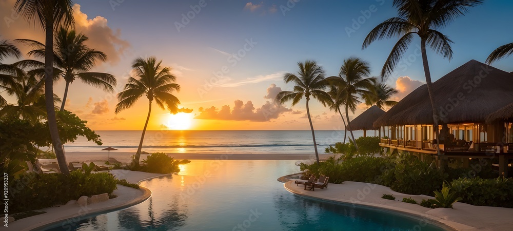 sunrise at a caribbean coast real estate beach resort with tropical palms sunrise at a caribbean coast real estate beach resort with tropical palms