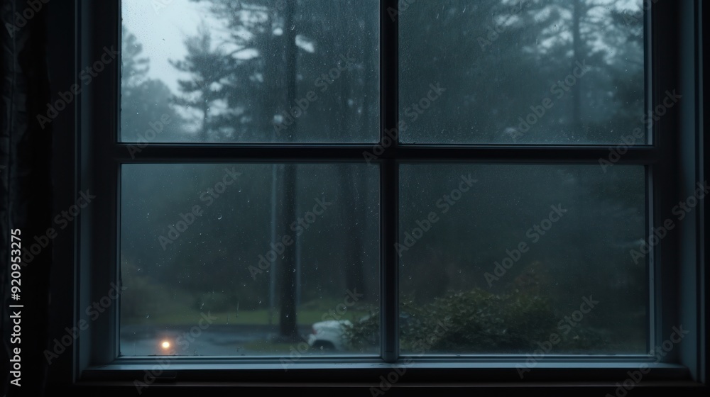 A window with raindrops on the glass looking out at a rainy day. A window with raindrops on the glass looking out at a rainy day.
