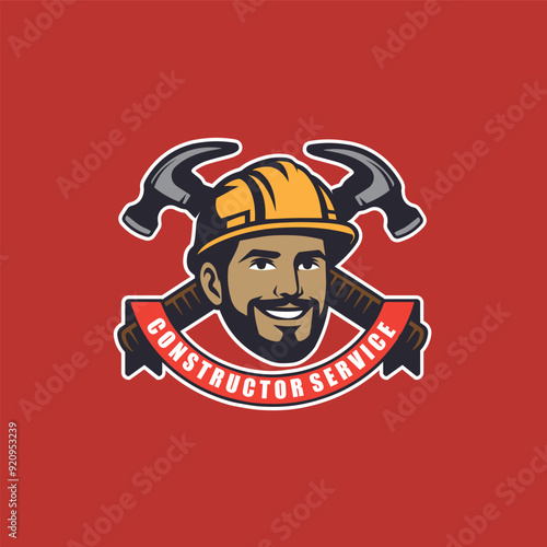 construction man handyman with crossed hammers badge  logo design vector illustration