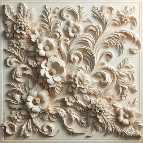 A close up of a decorative object on a wall, baroque, flowers
