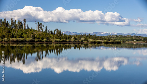 reflections of pines and clouds across a clear body of water with mountains in the distance