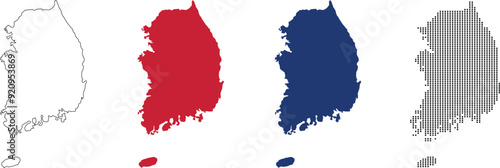 south korea map in various style outline, red, blue, dotted style.