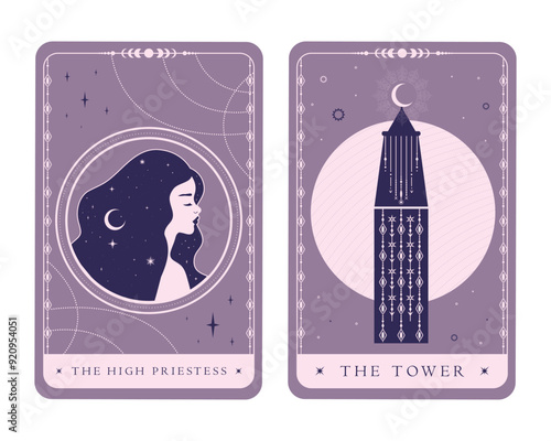 Magical celestial tarot cards of Major Arcana. Tarot symbols The High Priestess and The Tower. Mystery, astrology, alchemy. Vector illustration