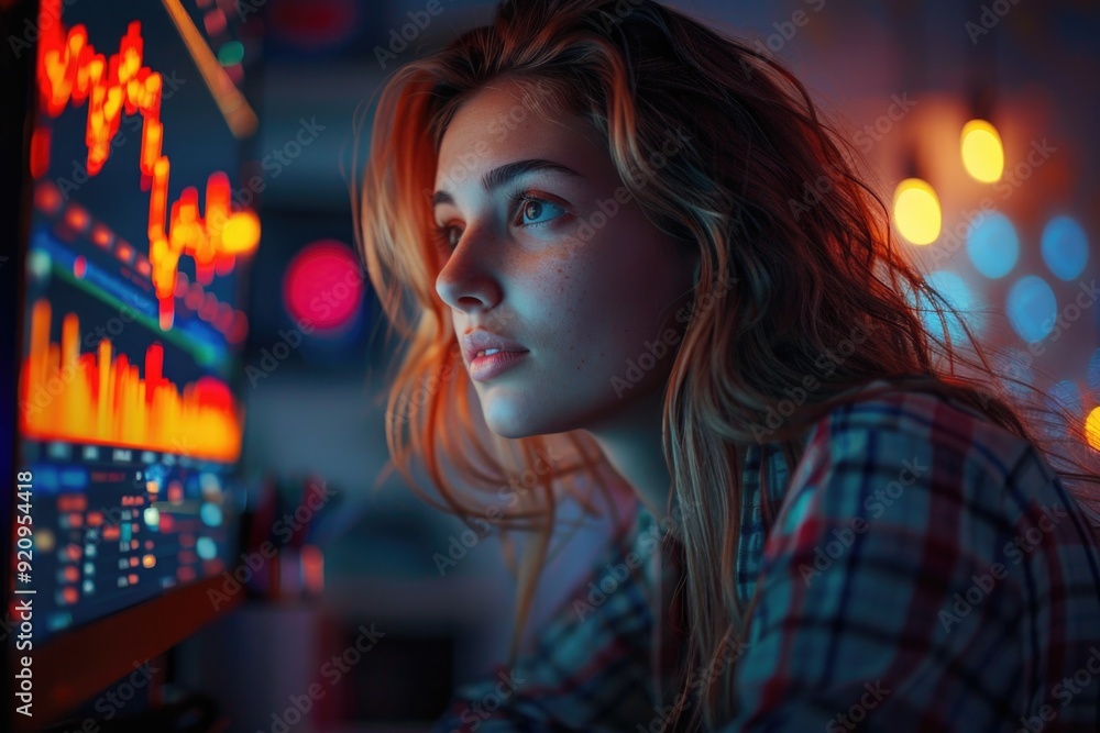 Late-Night Stock Analysis: Young Woman in Plaid Shirt Analyzes Charts in Illuminated Room Late-Night Stock Analysis: Young Woman in Plaid Shirt Analyzes Charts in Illuminated Room