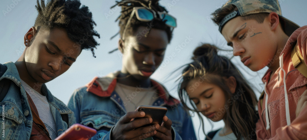 A group of young people are looking at a cell phone A group of young people are looking at a cell phone