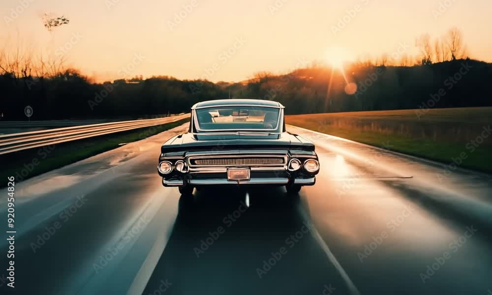 A classic automobile drives in a circular path on slick asphalt, set against the backdrop of a stunning sunset A classic automobile drives in a circular path on slick asphalt, set against the backdrop of a stunning sunset