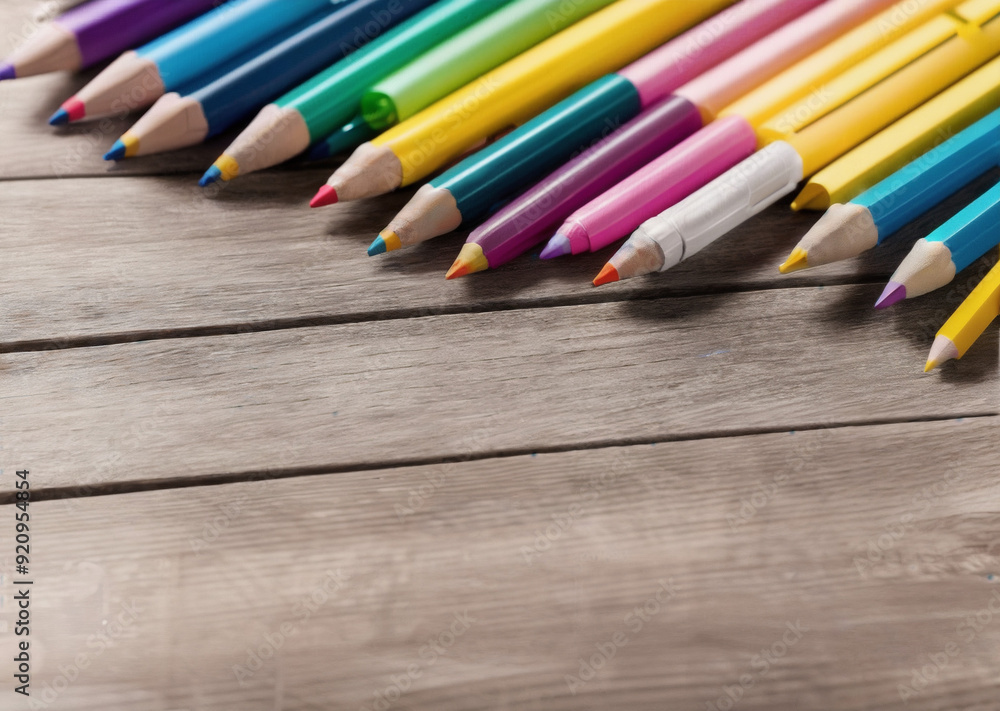 Colored pencils on a wooden table. Back to school concept. Stationery composition. Colored pencils on a wooden table. Back to school concept. Stationery composition.