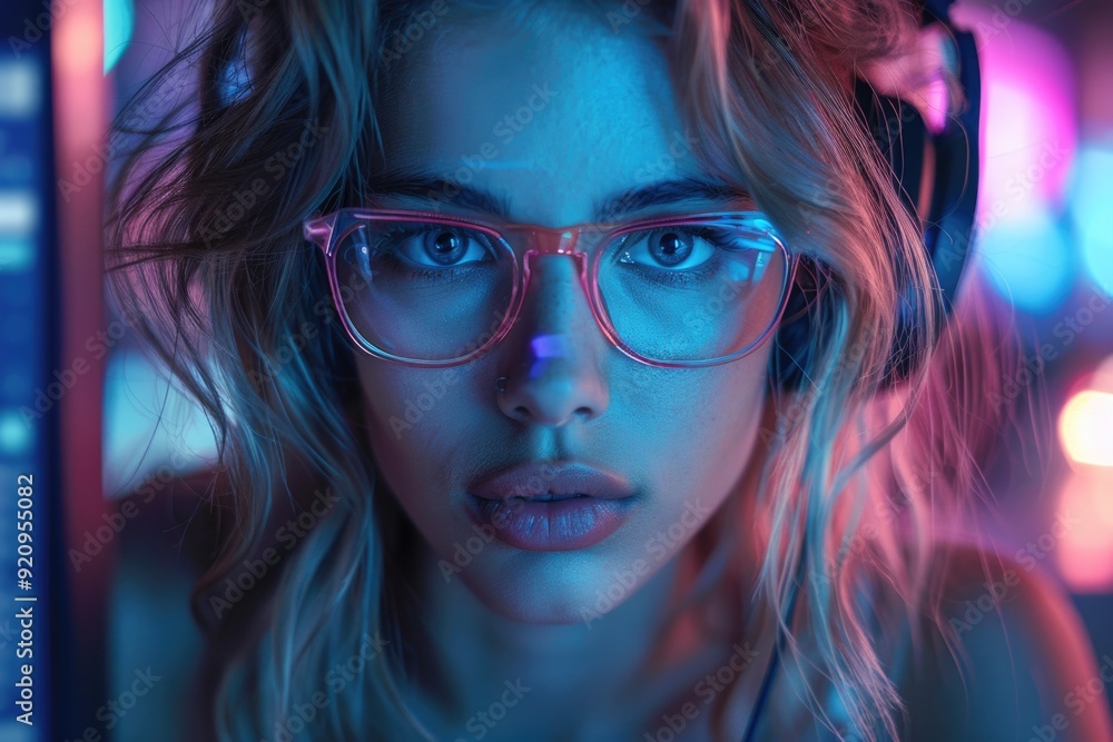 Focused Young Woman in Glasses and Headphones at Computer Screen in Moody Pink and Blue Lit Room Focused Young Woman in Glasses and Headphones at Computer Screen in Moody Pink and Blue Lit Room