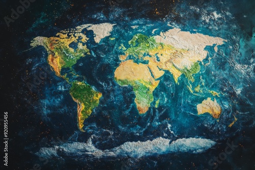 Fototapeta Naklejka Na Ścianę i Meble -  A top-down view displays a vibrant world map highlighting Earth's diverse physical features, including continents, oceans, and natural landscapes