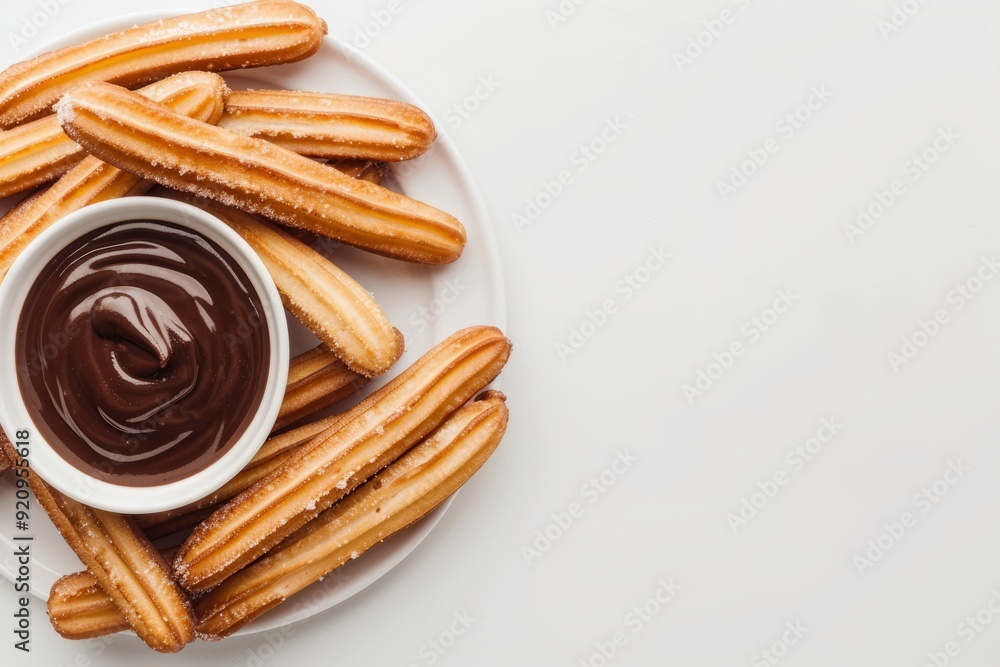 Churros.Traditional Mexican and Spanish dessert.Street food.Fresh sugar churros.A plate of churros next to a bowl of dipping chocolate, with a clean, white background and ample copy space Churros.Traditional Mexican and Spanish dessert.Street food.Fresh sugar churros.A plate of churros next to a bowl of dipping chocolate, with a clean, white background and ample copy space