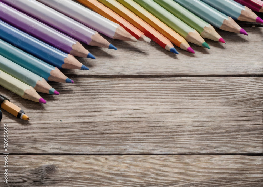 Obraz premium Colored pencils on a wooden table. Back to school concept. Stationery composition.