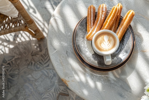 Churros.Traditional Mexican and Spanish dessert.Street food.Fresh sugar churros.A cozy cafe setting with churros and a cup of coffee, captured from above with a large copy space.