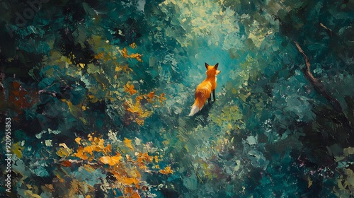 A vibrant digital painting of a fox wandering through a colorful forest, bathed in surreal lighting and surrounded by lush foliage.