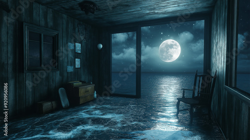 bedroom exposed to sea water with moonlight