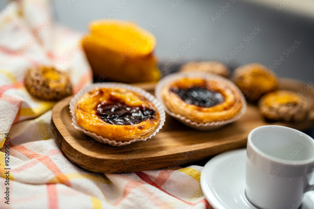 Traditional Portuguese sweets with main focus on famous Pastel de Nata, Portugal Traditional Portuguese sweets with main focus on famous Pastel de Nata, Portugal