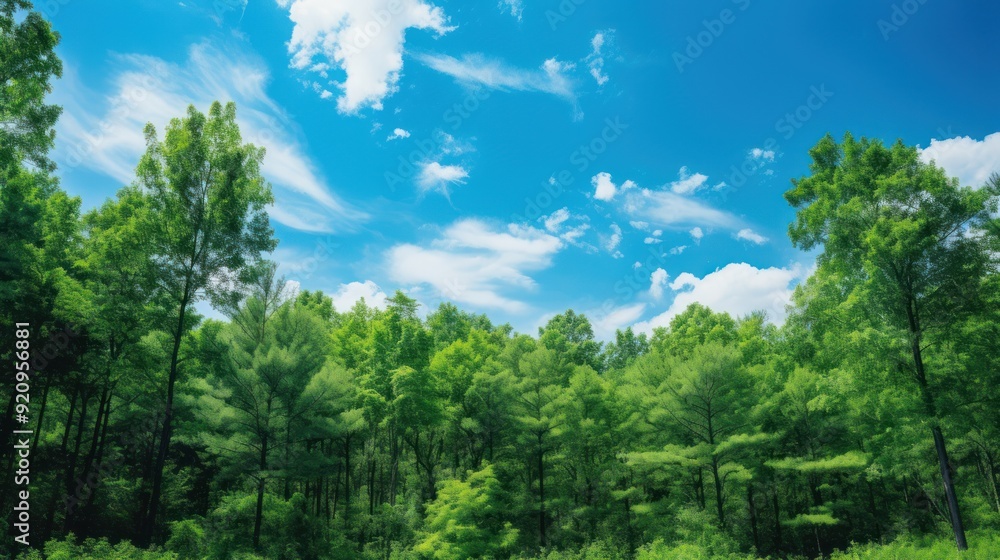 Lush green forest canopy with blue sky and white fluffy clouds. Lush green forest canopy with blue sky and white fluffy clouds.