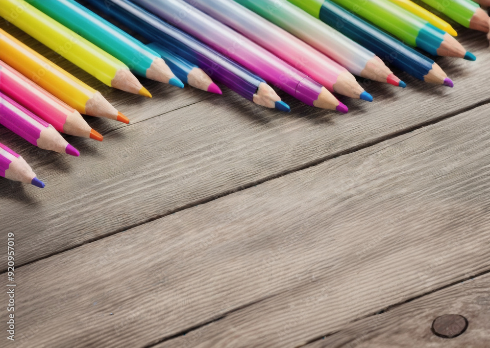 Obraz premium Colored pencils on a wooden table. Back to school concept. Stationery composition.
