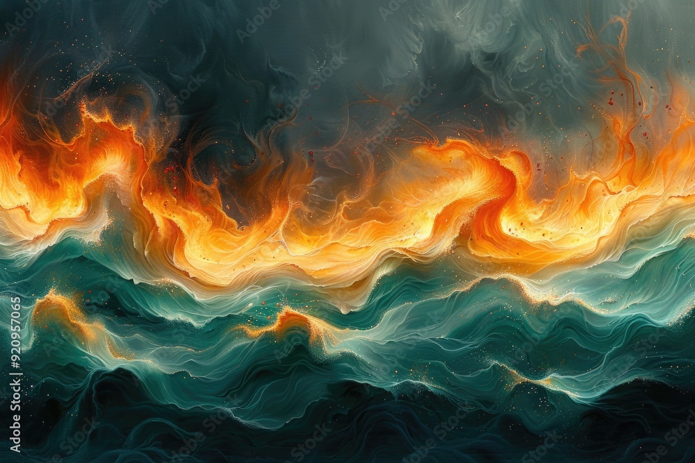 Fluid Fusion: Abstract Art of Vibrant Fire and Water Energy in Orange and Teal Hues Fluid Fusion: Abstract Art of Vibrant Fire and Water Energy in Orange and Teal Hues