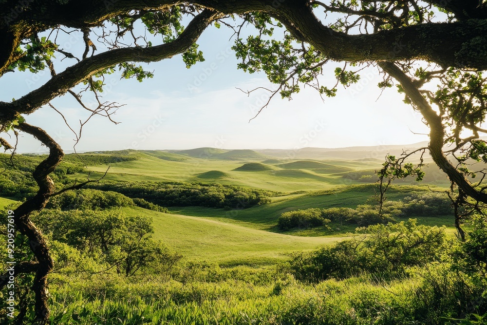 An expansive green landscape reveals rolling hills under soft light, framed by intertwined branches, creating a natural border that enhances the tranquil atmosphere An expansive green landscape reveals rolling hills under soft light, framed by intertwined branches, creating a natural border that enhances the tranquil atmosphere