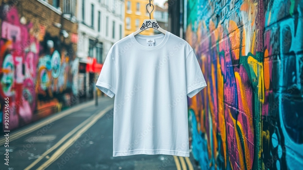 Fototapeta premium A white T-shirt hangs on a hanger against a backdrop of graffiti and a cityscape.