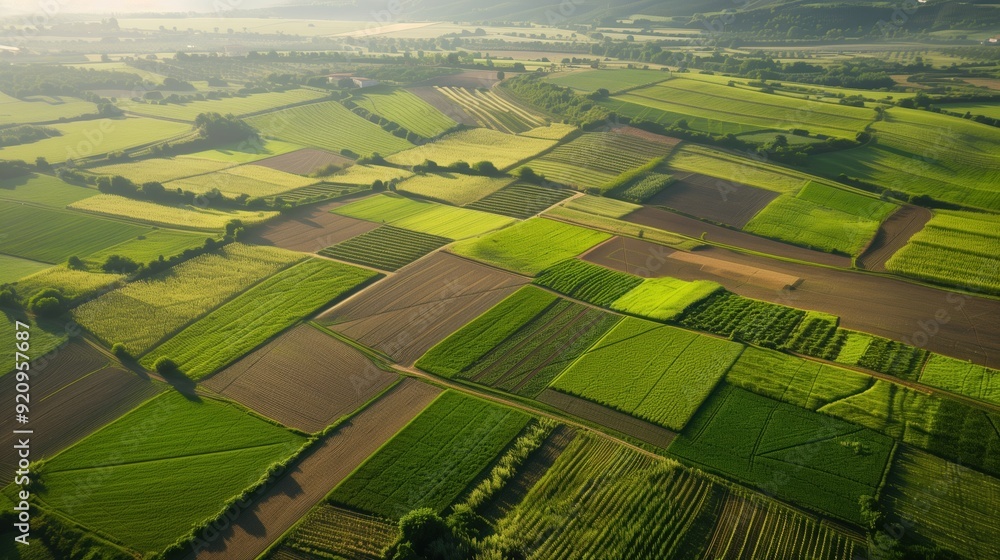 Fototapeta premium Lush and vibrant agricultural landscape with varied fields, patchy farmland and rolling hills. Agriculture. Planting, harvesting. Grains, vegetables, fruits. Agricultural industry