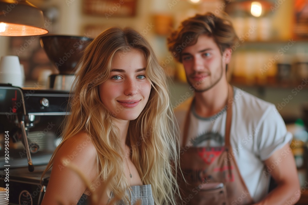 A young woman with long blonde hair smiles at the camera while working in a cafe. A young woman with long blonde hair smiles at the camera while working in a cafe.