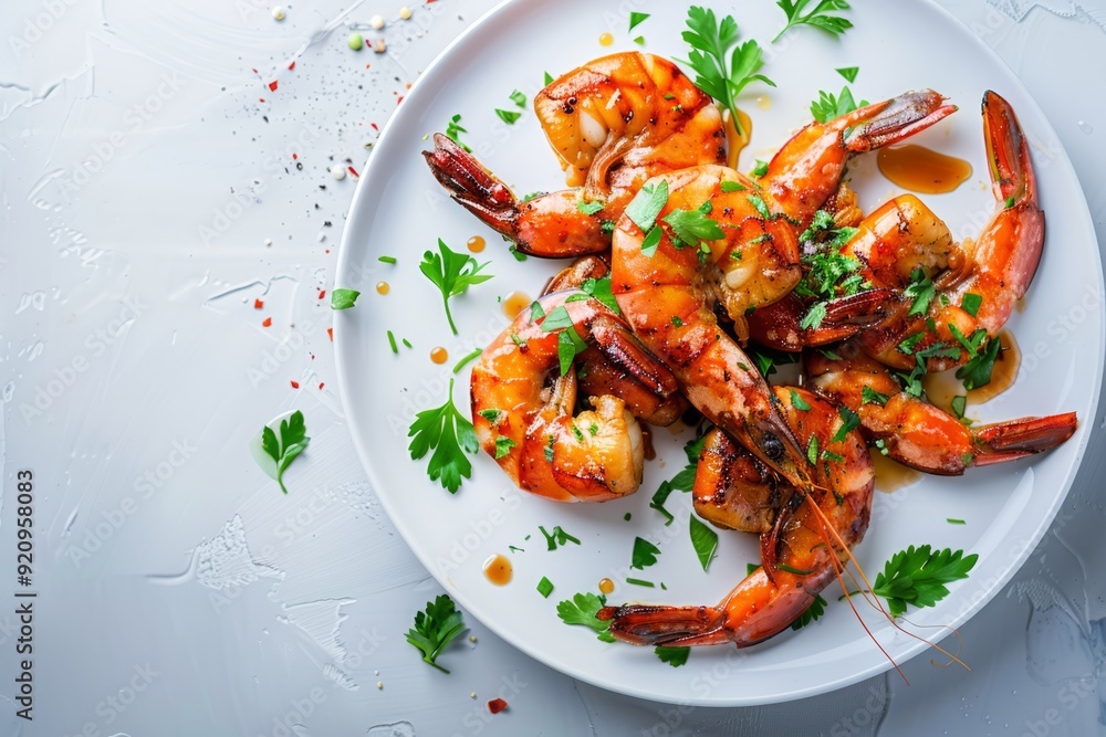 Grilled teriyaki shrimp garnished with fresh herbs, served on a white plate with a clean background and ample copy space.Asian cuisine.Teriyaki.Teriyaki chicken.Teriyaki soy sauce. Grilled teriyaki shrimp garnished with fresh herbs, served on a white plate with a clean background and ample copy space.Asian cuisine.Teriyaki.Teriyaki chicken.Teriyaki soy sauce.