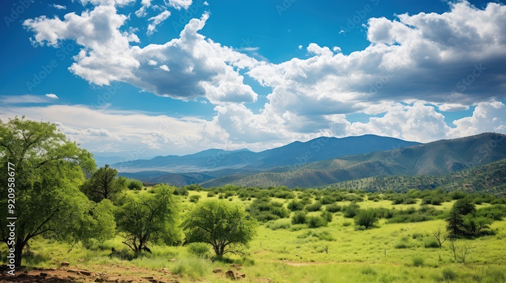 Fototapeta premium Lush green valley with distant mountains under a blue sky with puffy white clouds.
