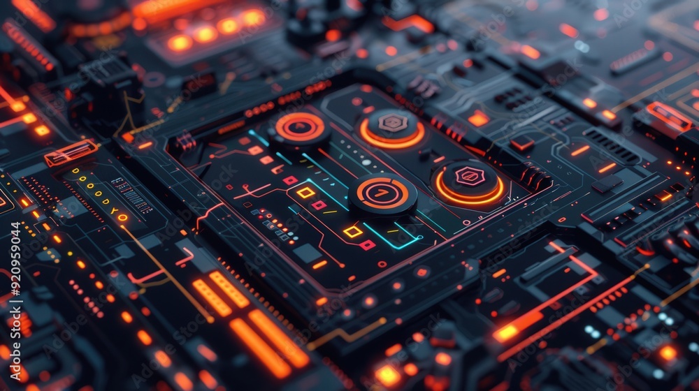 Futuristic circuit board with glowing elements Futuristic circuit board with glowing elements
