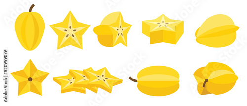 Set of Yellow Starfruit, Farm fresh Carambola product emblem for grocery shop, Slides, long and cross sections, and different positions, simple flat vector illustration of vegetables and fruits.