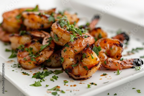 Teriyaki chicken.Asian cuisine.Teriyaki.Teriyaki soy sauce.Grilled teriyaki shrimp garnished with fresh herbs, served on a white plate, with a simple background and ample copy space