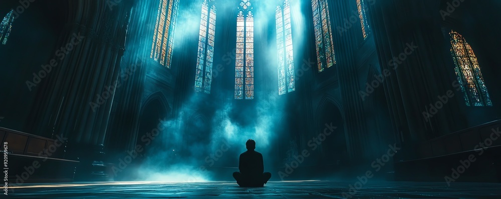 A serene figure meditates in a mystical atmosphere, surrounded by radiant light beams in a tranquil cathedral ambiance. A serene figure meditates in a mystical atmosphere, surrounded by radiant light beams in a tranquil cathedral ambiance.