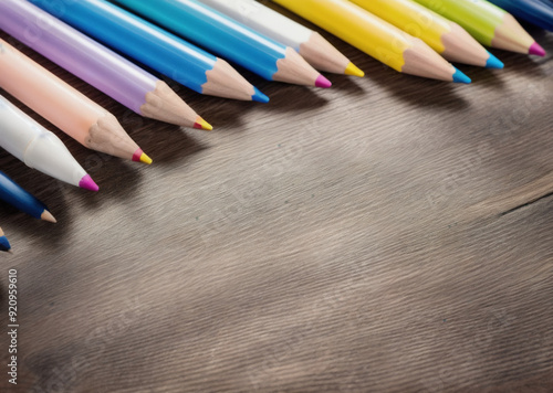Colored pencils on a wooden table. Back to school concept. Stationery composition.