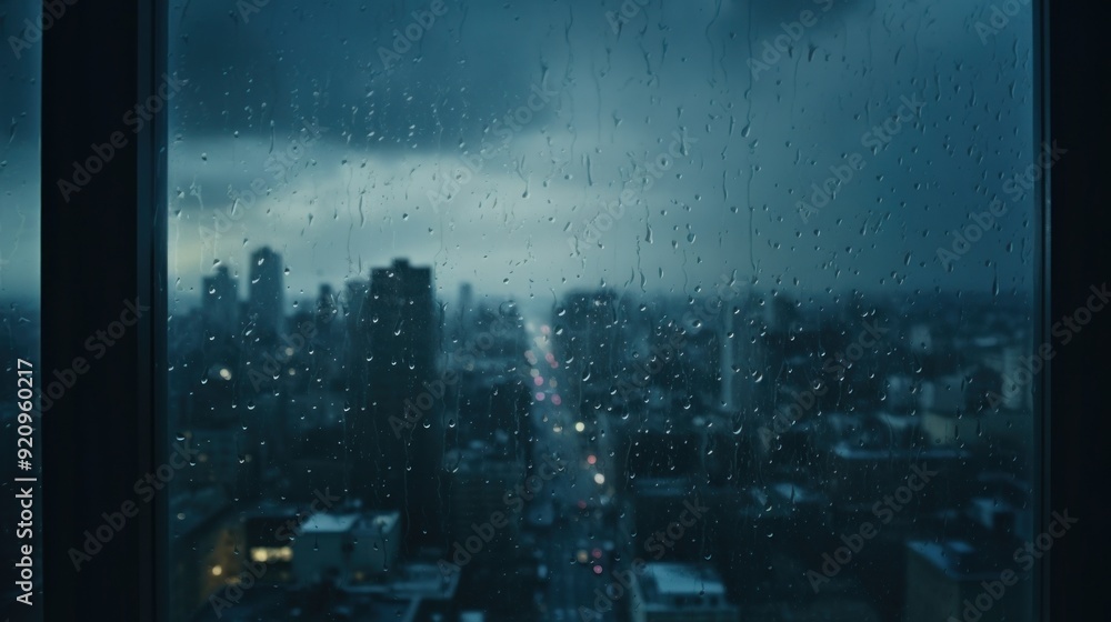 Rain drops on glass window overlooking city with blurry lights. Rain drops on glass window overlooking city with blurry lights.