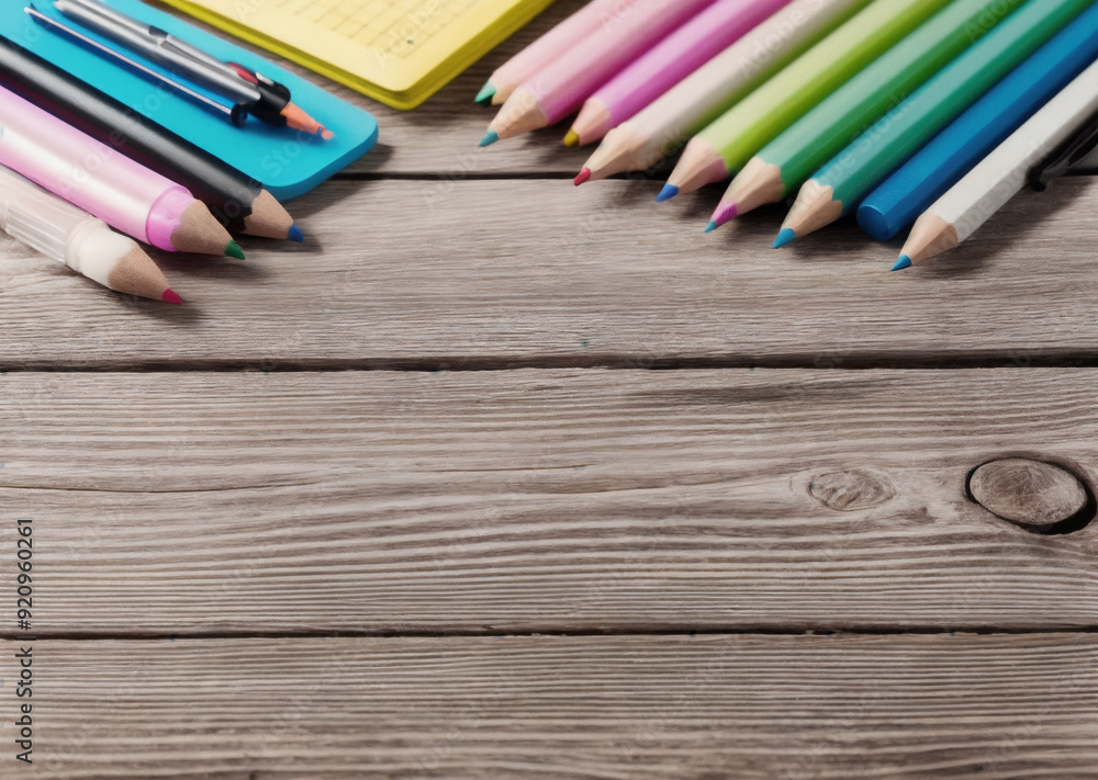 Fototapeta premium Colored pencils on a wooden table. Back to school concept. Stationery composition.