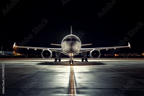 A jet stands silently on the tarmac, beautifully lit, showcasing its sleek design against a backdrop of a clear night sky