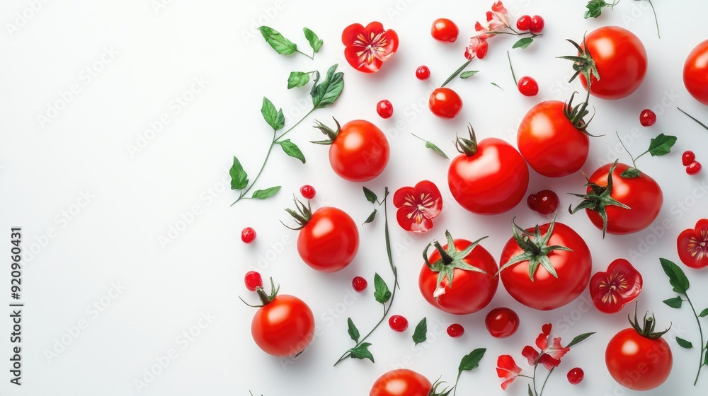 A striking 3D tomato composition with a floral watermark on white, perfect for magazine covers A striking 3D tomato composition with a floral watermark on white, perfect for magazine covers