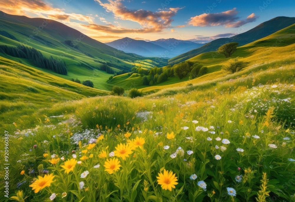 Obraz premium breathtaking vibrant landscapes showcasing untouched natural beauty lush majestic clear blue skies, nature, greenery, mountains, sky, clouds, trees