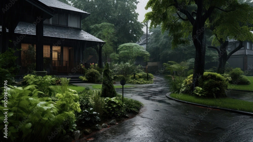 Rain falls on a lush, green neighborhood pathway, creating a serene and tranquil atmosphere. Rain falls on a lush, green neighborhood pathway, creating a serene and tranquil atmosphere.