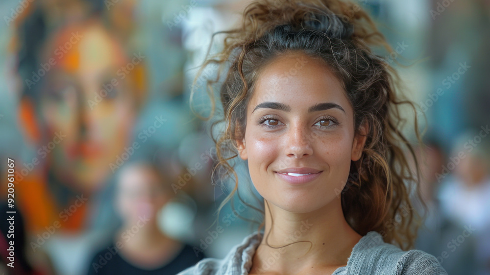 A woman with a smile on her face is shown in a blurry photo with other people in the background. A woman with a smile on her face is shown in a blurry photo with other people in the background.