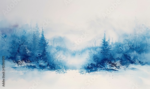 A painting of a snowy forest with two trees in the foreground