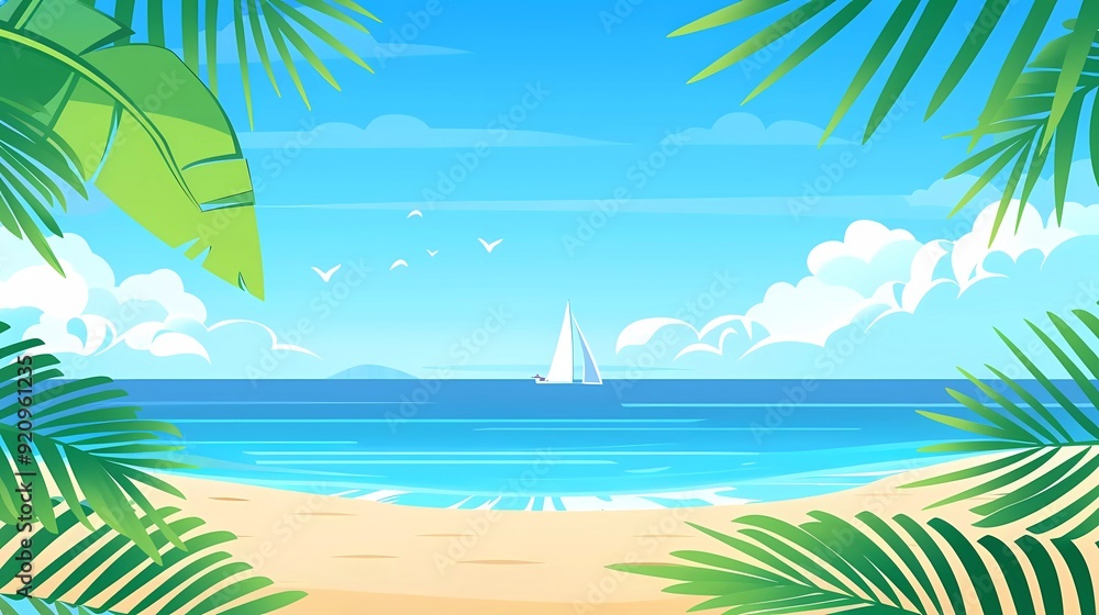 flat vector illustration of a beach with palm trees and the sea, using simple shapes, on a simple flat background flat vector illustration of a beach with palm trees and the sea, using simple shapes, on a simple flat background