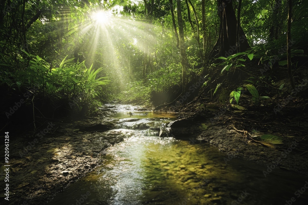 Obraz premium Sunlight filters through tall trees as a winding creek flows gently over rocks in a lush, dense forest, creating a serene and tranquil atmosphere