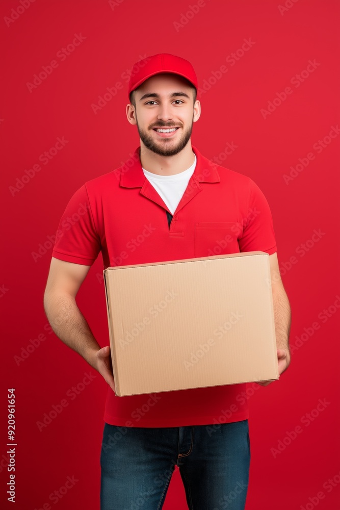 A man in a red shirt is holding a cardboard box. He is smiling and he is happy